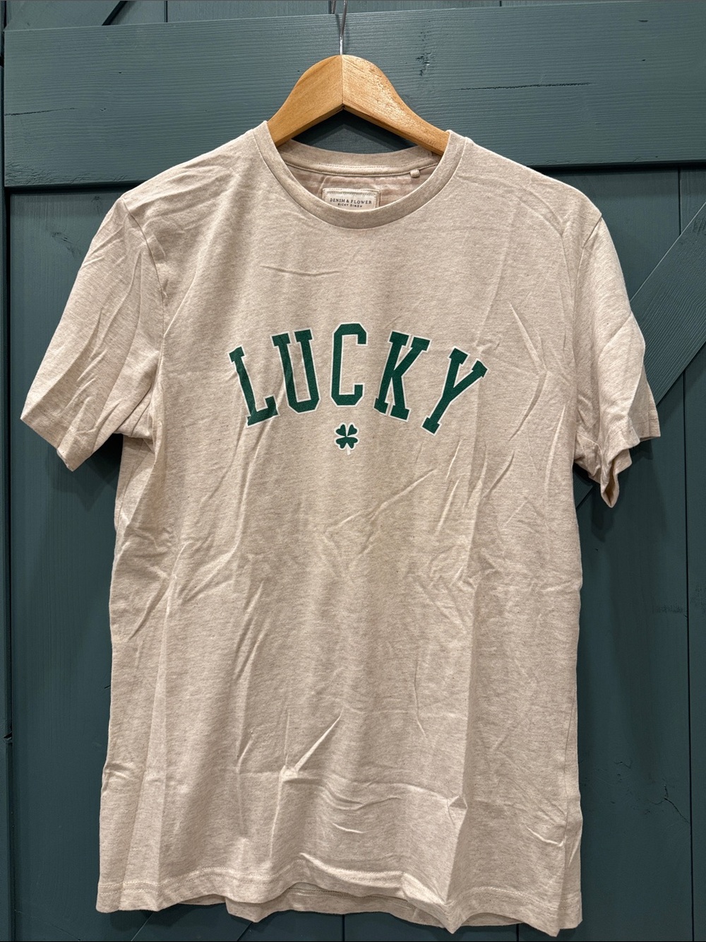 Lucky Graphic Tee in Beige with Green Lettering